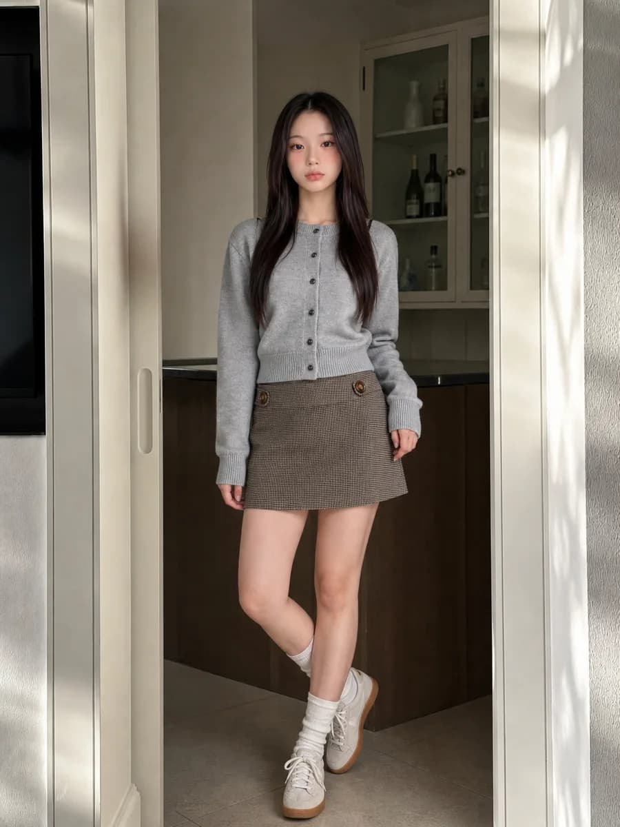 Modely 촬영 결과 — 침실 문 앞에서 그 카디건을 입은 전신컷