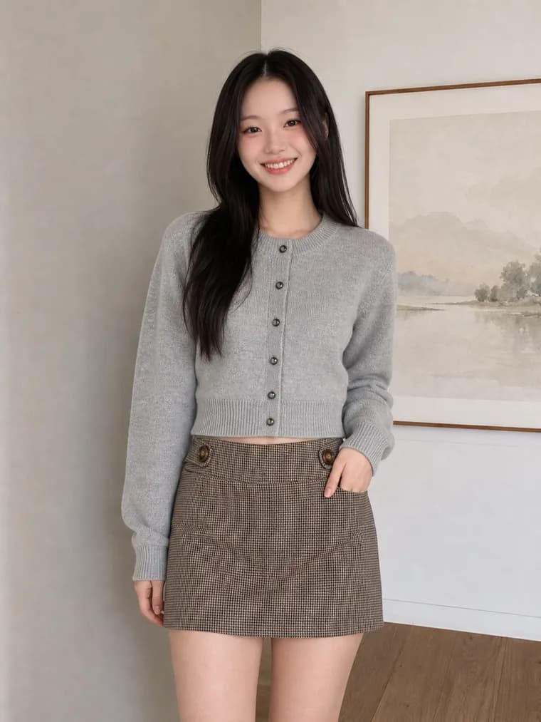 액자 벽 앞에서 촬영한 같은 그레이 크롭 카디건 모델컷